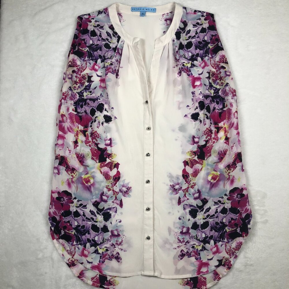Antonio Melani Silk Floral Button Up Top, White, Pink, Multi